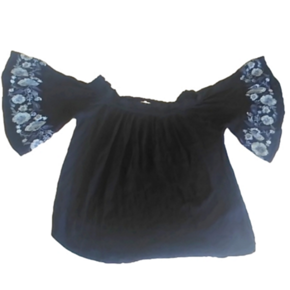 2/25 Hollister Navy Off the Shoulder Crop Top Embroidered Bell Sleeve Sz. M Boho - Picture 2 of 11